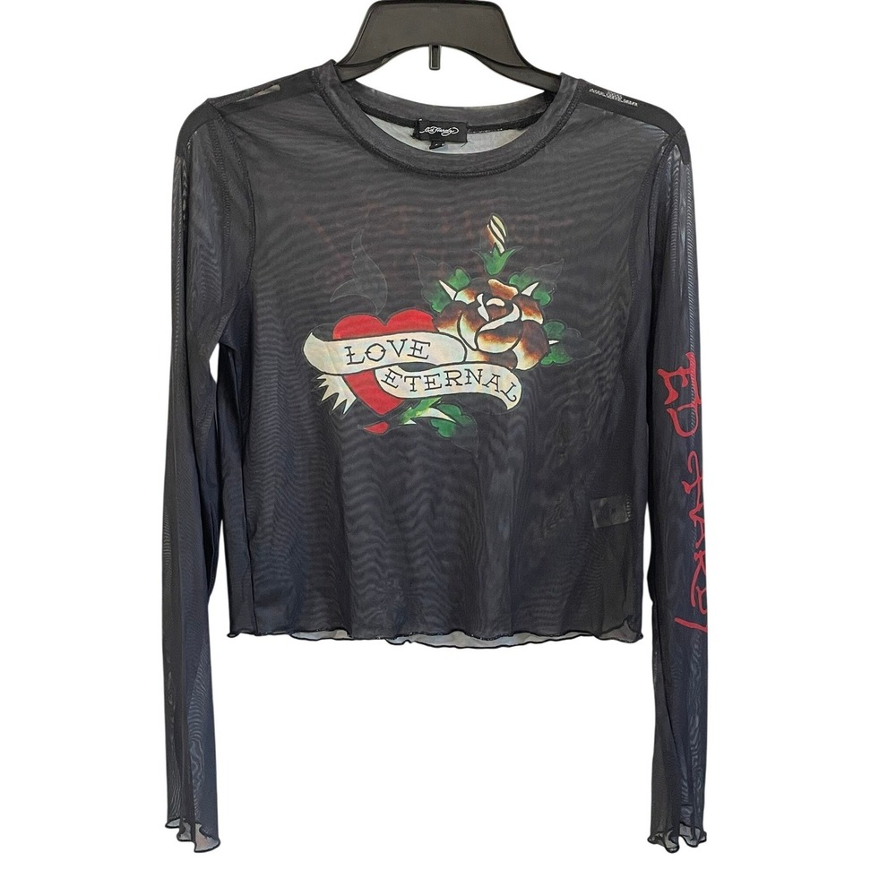 Ed Hardy Womens Large Mesh Long Sleeve Tattoo Graphic Crop Top Black‎ Grunge